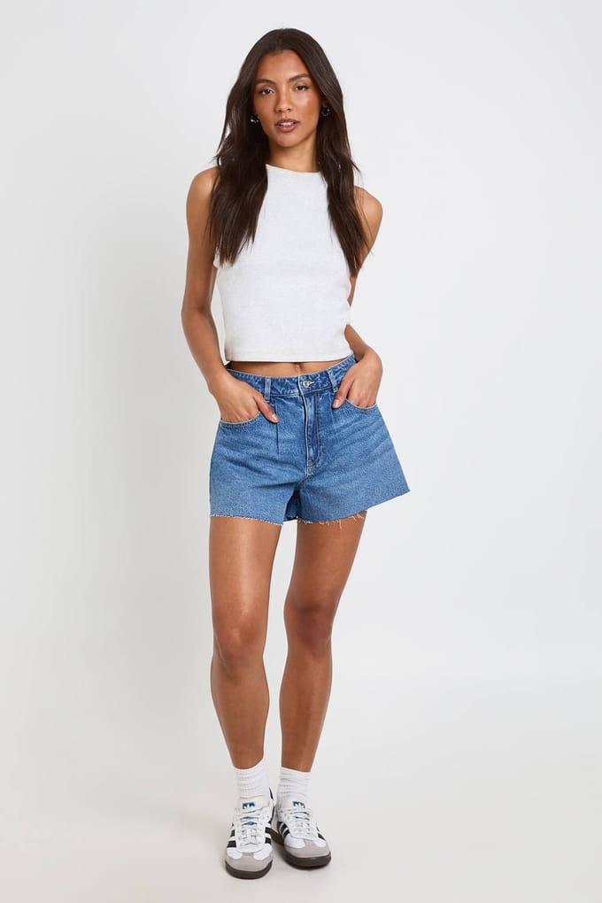 boohoo Dames Tall Flippy Wide Leg Denim Short | Medium Gebleekt | Maat: 42