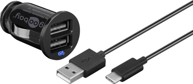 Goobay autoladerset 12 W met 2 USB-A-poorten en USB-C-kabel van 1 m, voor het gelijktijdig opladen van 2 apparaten in de auto