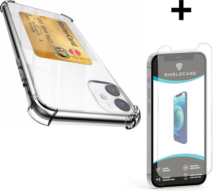 ShieldCase Shock case met pasjeshouder geschikt voor Apple iPhone 12 / 12 Pro - 6.1 inch + glazen Screen Protector - ruimte voor pasjes - strak design - transparant