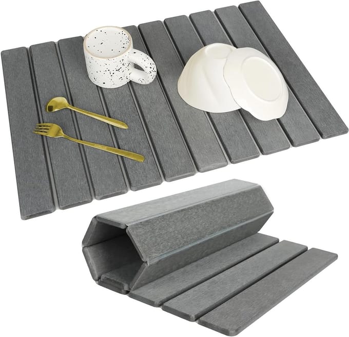 Dish Draining Mat - 60 x 40 cm - Water Absorbent - Quick Drying - Pebble Gutter Mat - Foldable Draining Mat voor Drainer - Crockery - Cups - Donkergrijs
