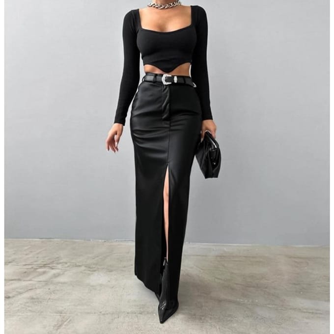 Dames Leer Design Split Effen Kleur Hoge Taille Simpele Leer Slanke Rok L