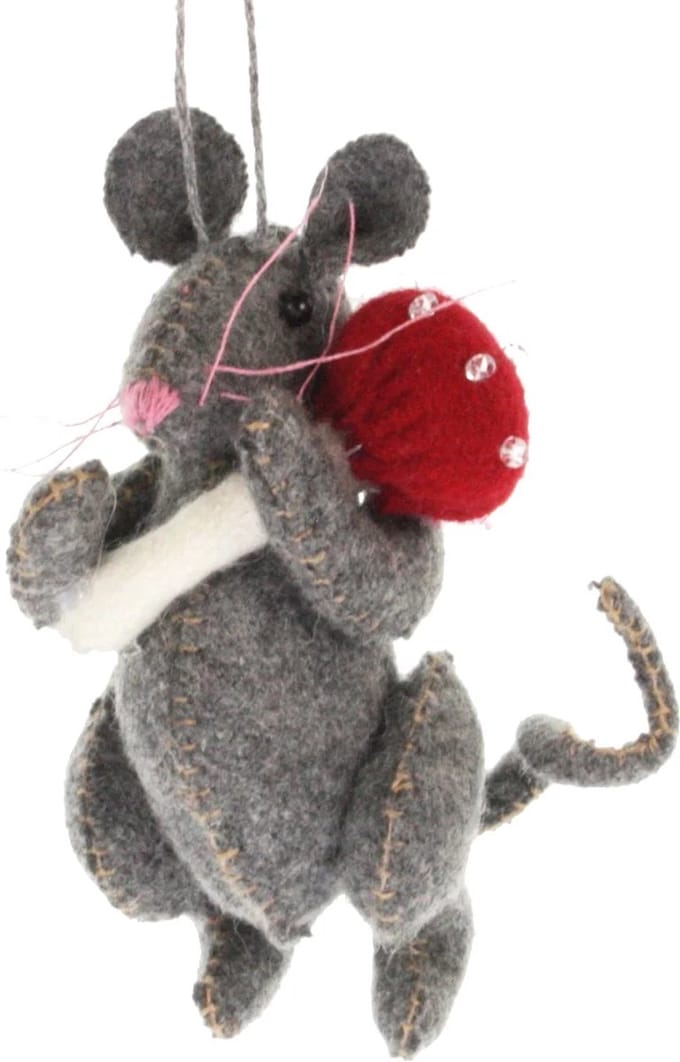 Muis grijs met paddestoel, vilt 10cm