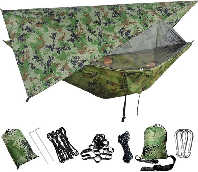 Hangmat met net - Schommel buiten - Ontspannen in de natuur - Draagbaar en compact - 1 persoon - Groen
