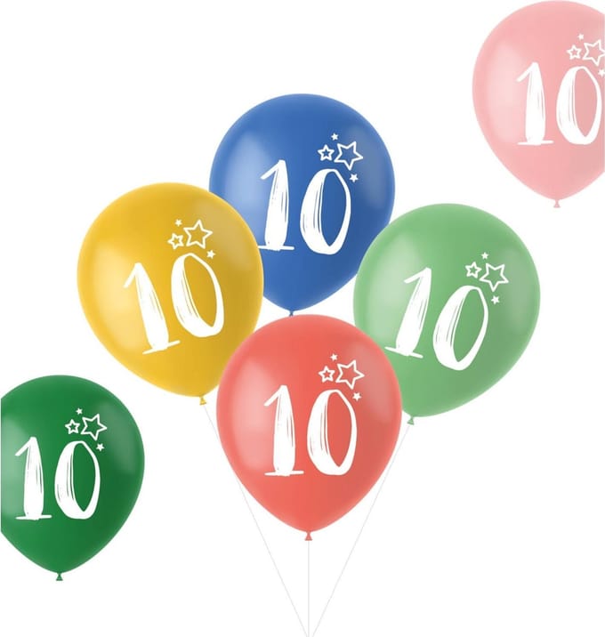 Ballonnen Retro 10 Jaar Meerkleurig 33cm - 6 stuks