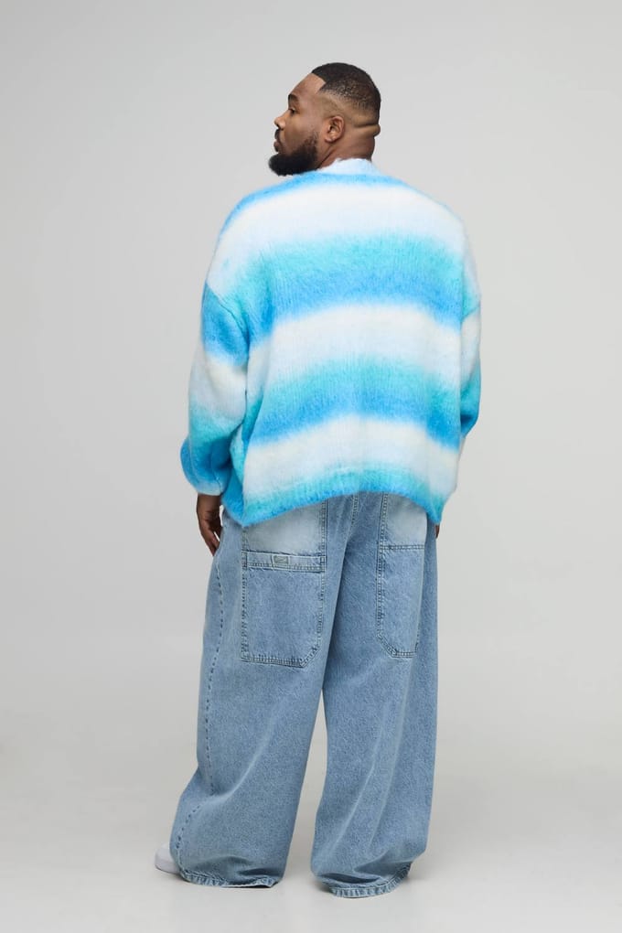 Plus Boxy Oversized Brushed Stripe Knitted Cardigan | Blue | Size 3XL
