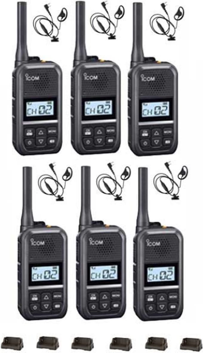 Set van 6 Icom IC-U20SR IP54 mini Portofoon met tafel lader en D-shape oortje