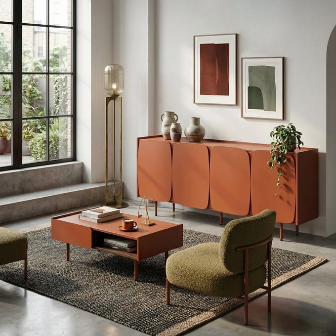 Dressoir Loren - Steenrood MDF - Organische Deuren - Greeploos