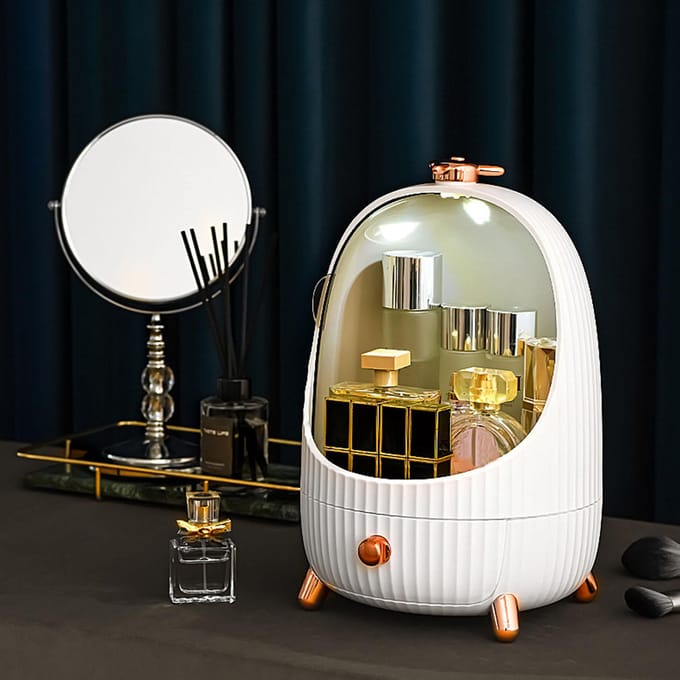 Make-up opbergorganizer Cosmetica display case LED-licht opbergdoos en transparante deksel display medium wit