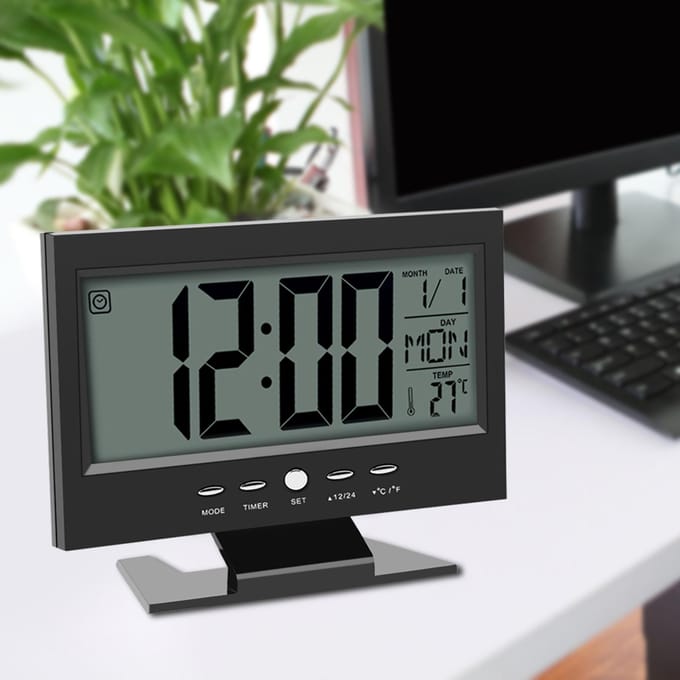 LCD Digitale Geluidssensor Tafel Bureau Wekker met Kalender en Temperatuurweergave Zwart zwart