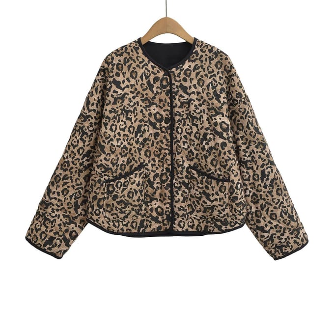 Dames Luipaardprint Katoenen Jas met Lange Mouwen M black