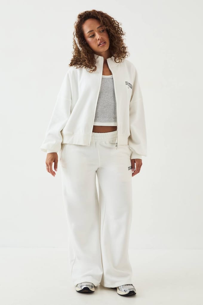 Dames Dsgn Studio Collegiate Bedrukte Bomber Sweatshirt Met Rits En Col | Creme | Maat: 3XL