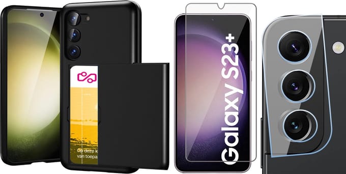 Hoesje met Pasjeshouder geschikt voor Samsung Galaxy S23 Plus - Screenprotector GlassGuard & Camera Lens Screen Protector - Back Cover SlideCase Zwart
