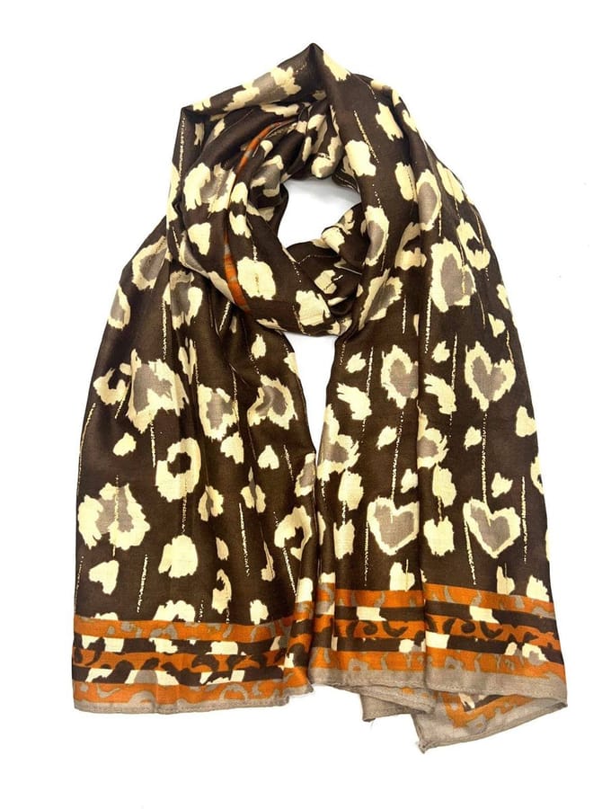 Lange dames sjaal Maria luipaardprint panterprint beige oranje bruin goud