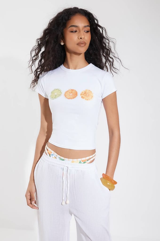 boohoo Dames Citrus Print Baby Tee | Wit | Maat: Small