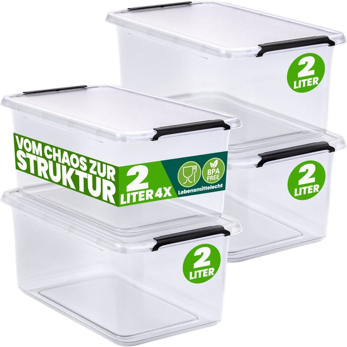 DEUBA Opbergbox Set van 4 - 2l BPA Vrij Stapelbaar - 19,5x15x11,5cm