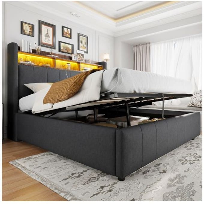 Lit capitonné - MUVOE - 160x200 cm - Éclairage LED - Prise USB - Rangement intégré gris