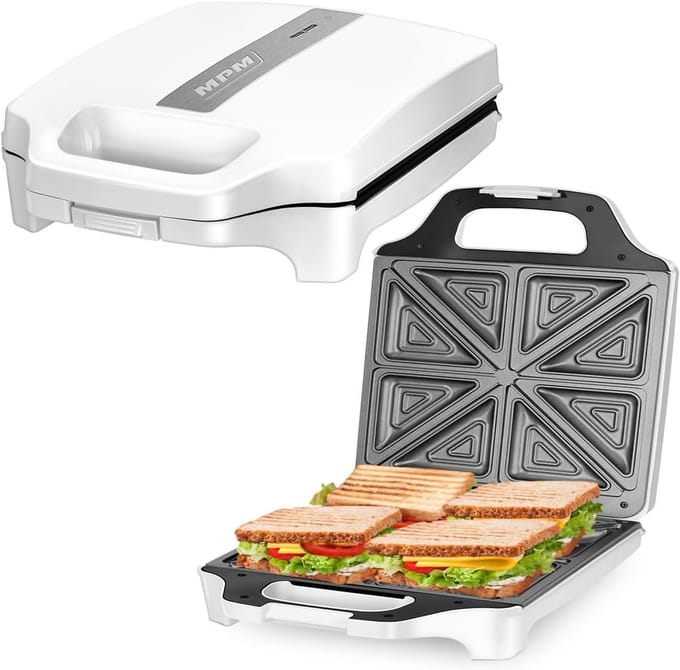 Sandwichmaker - Tosti Apparaat - Snelle Maaltijden - 8 Driehoeken - Compact - Wit