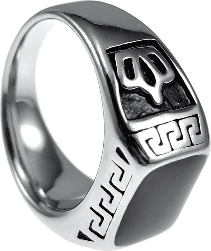 Ring Heren - Kroon Desing - Roestvrij Staal - Zwarte Emaille Zegelring