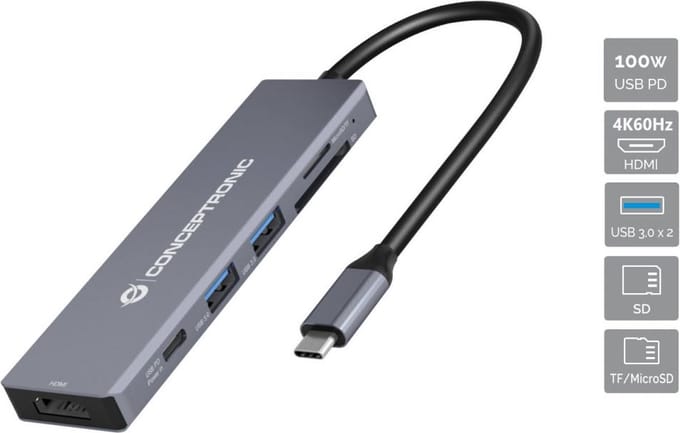 Conceptronic DONN23G laptop dock & poortreplicator Bedraad USB 3.2 Gen 1 (3.1 Gen 1) Type-C Grijs
