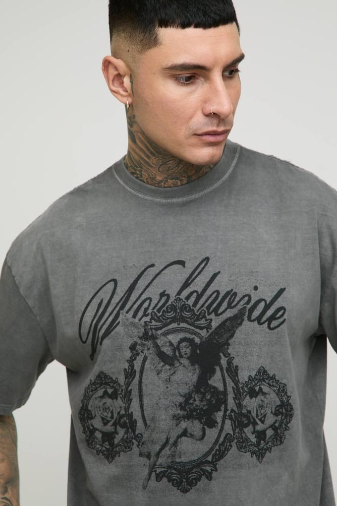 Lang Oversized Renaissance Print Gewassen Print T-Shirt | Charcoal | Size Medium