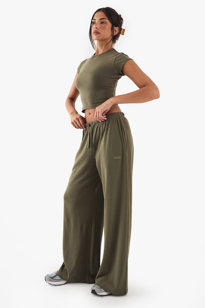 boohoo Dames DSGN Studio Geborduurde Rib Wide Leg Broek | Washed Khaki | Maat: 2XL