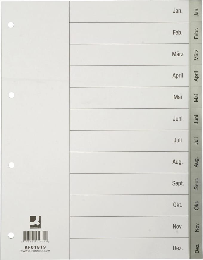 Q-CONNECT tabbladen, A4, PP, 4-gaatsperforatie, met indexblad, set van Jan-Dec, grijs 25 stuks
