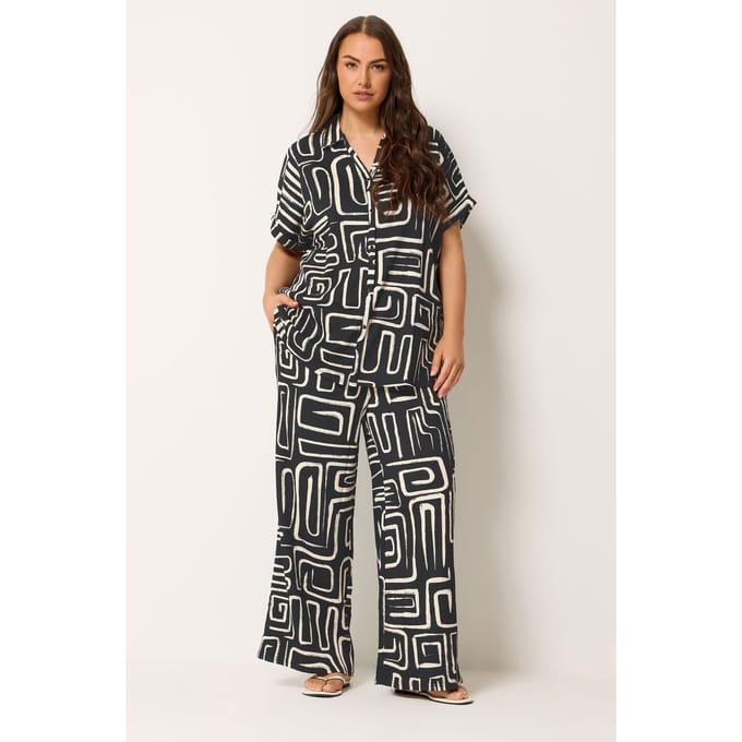 Yours Zwarte Abstracte Crinklebroek Met Wijde Pijpen Size 44