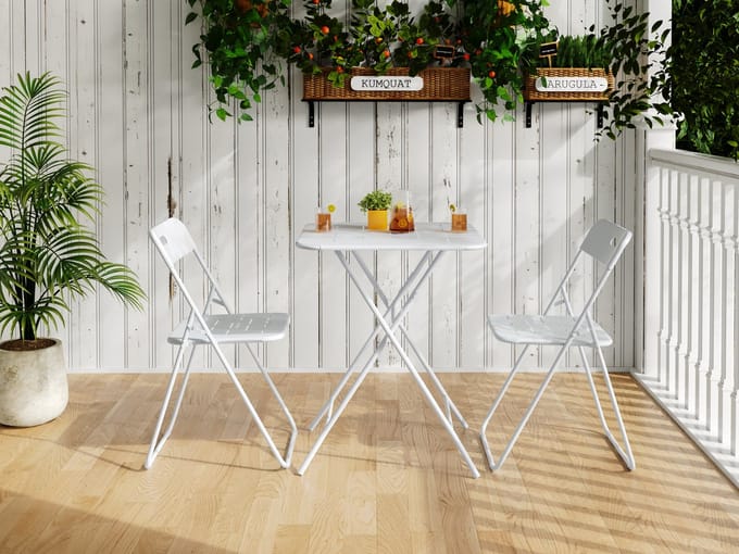 PHOEBE CAT Tuinset - Klaptafel + 2 klapstoelen - Bistroset - Metalen frame - Wit