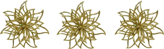 Decoris Decoratie bloem - 8x stuks - goud - op clip - 14 cm - glitter - kerstversiering