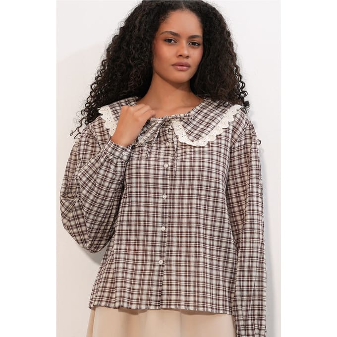 Dames Geruite Viscose Poplin Blouse