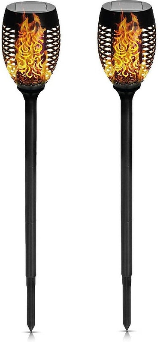 Benson Solar Tuinfakkel - 6x - zwart - LED flame effect - oplaadbaar - D12 x H74 cm - tuinlamp