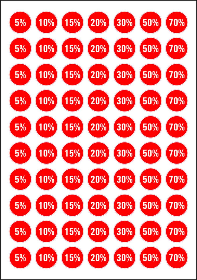 Korting stickers diverse percentages op vel - 70 stuks