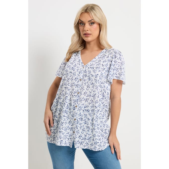 Yours Witte En Blauwe Linnen Blouse Met Bladprint Size 42