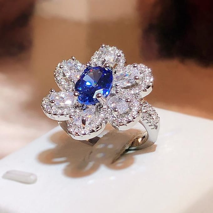 Nieuwe Mode Super Flash Chique Saffier Bloem Ring Vrouwelijke Opening Temperament Sieraden Feest Verjaardagscadeau Resizable