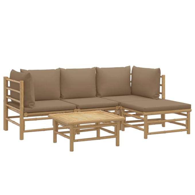 vidaXL - 5-delige - Loungeset - met - kussens - bamboe - taupe