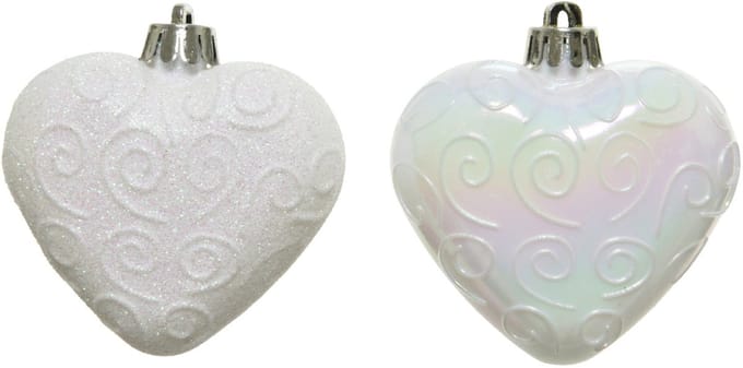KAEMING B.V. - 6 kerstboomhangers witte harten 6 cm met iriserende glitters
