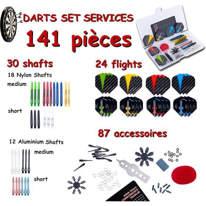 ENGELHART - Kit Accessoires Fléchettes 141 Pièces - Pointe Acier et Pointe Nylon - Ailettes, Tiges, Pointes Soft Tip, Outil et Boîte