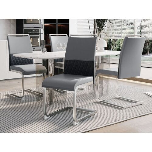 Merax Set van 4 eetkamerstoelen - Linnen en PU leer - Metalen poten - Grijs - BLITZ