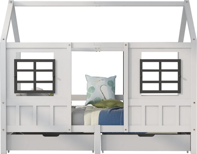 REDOM Kinderbed – 90x200 cm – Huisvorm met dubbele ramen & 2 lades – Massief hout & MDF – Wit & Grijs