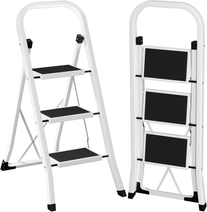 Famanu - Trapladder met 3 treden, vouwtrap met brede antislip pedalen en klapbeveiliging, wit