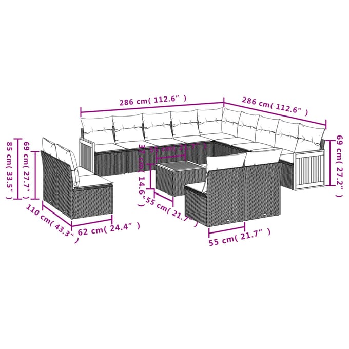 vidaXL - 14-delige - Loungeset - met - kussens - poly - rattan - beige