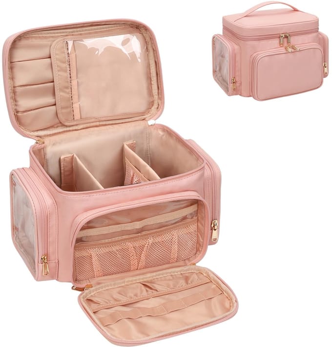 Make-uptas voor dames, make-uptas voor dames, met vak voor kwasten, draagbare make-uptas organizer, roze, make-uptas groot