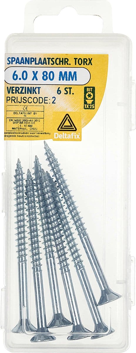 Deltafix spaanplaatschroeven 6,0 x 80 mm - verzinkt - platkop - Torx - Type 17 - 6 stuks