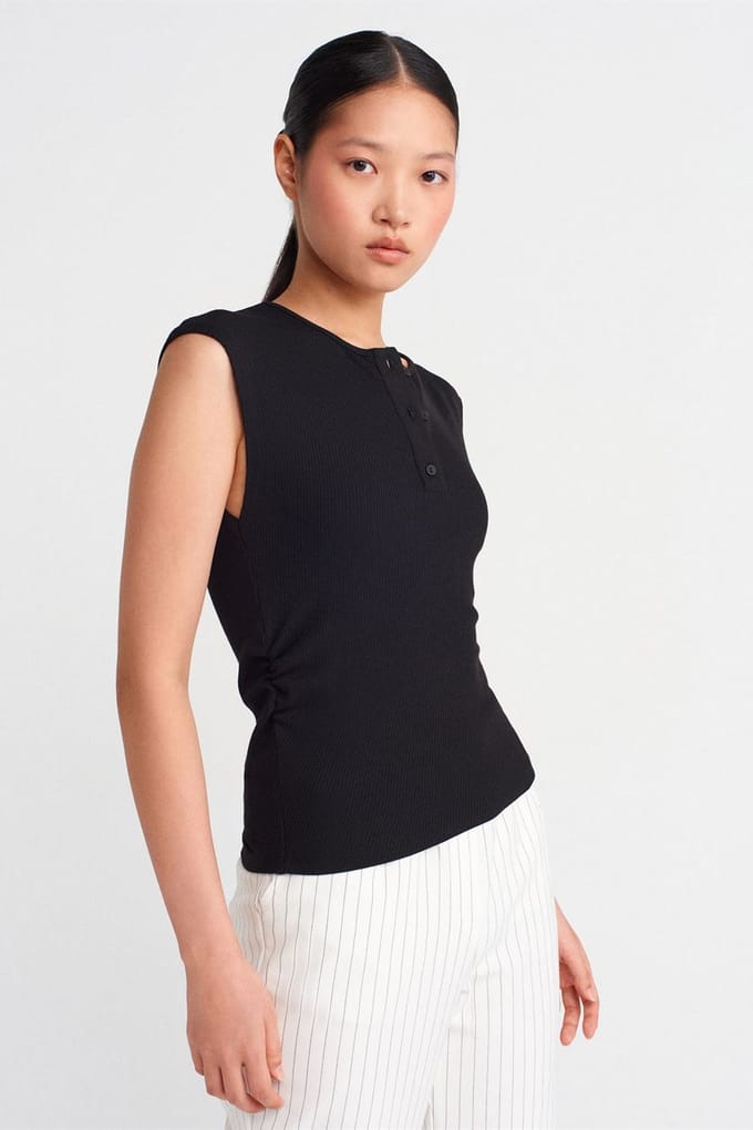 Mouwloze Geribbelde Blouse met Knopen aan de Voorkant