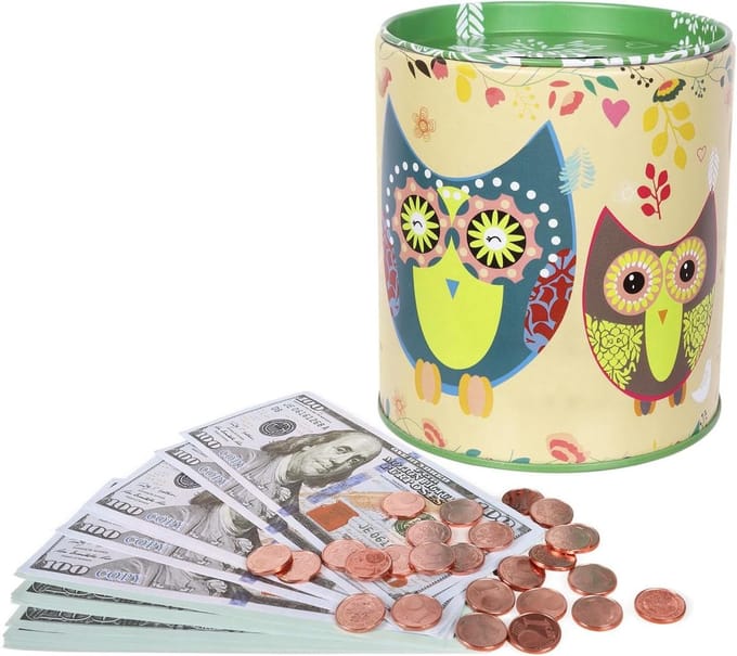 Geld Doos - Spaarpot Metaal - Kinderen Leren Sparen - Liefdevol Geïllustreerd - 9 x 9 x 10 cm - Groen