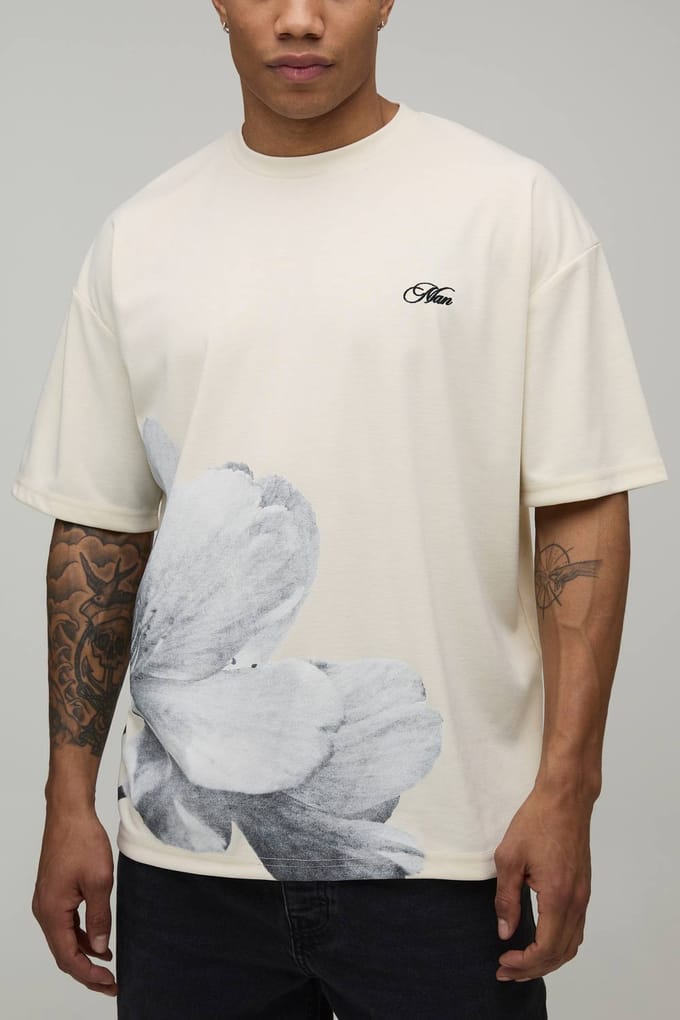 Oversized T-shirt Met Asymmetrische Bloemenprint In Zware Interlockstof | Ecru | Size Medium