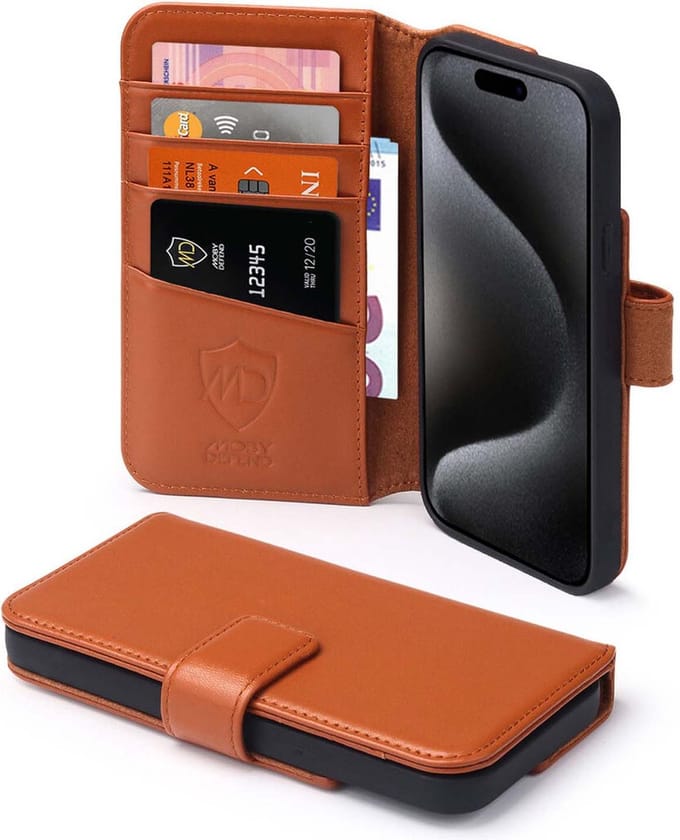 MobyDefend Hoesje - Geschikt voor iPhone 15 Pro - Luxe Leren Wallet Bookcase - Lichtbruin