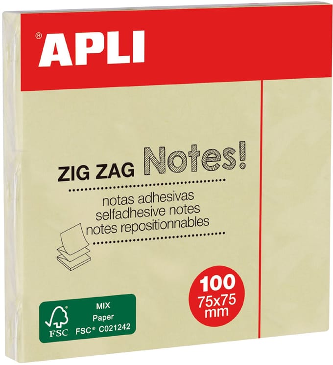APLI plakbriefjes zig zag, 75 x 75 mm, geel