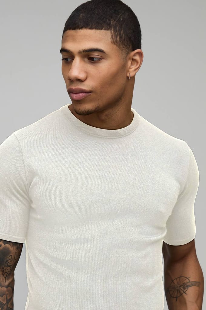Essential Muscle Fit Soft Touch Knitted T-Shirt | Ecru | Size Small