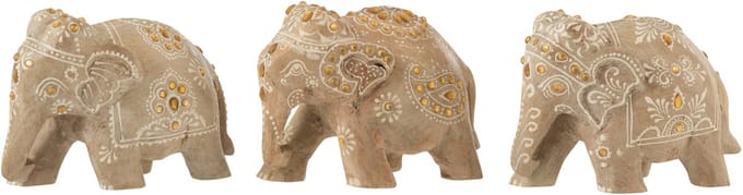 J-Line decoratie Olifant Kralen - hout - naturel/wit - small - 3 stuks